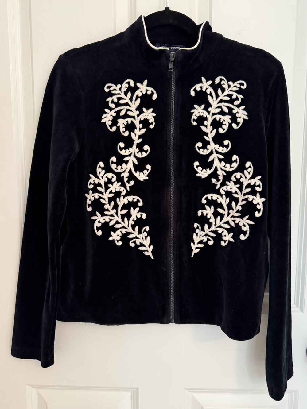 Boston Proper Black Velour Embroidered Zip Jacket Medium